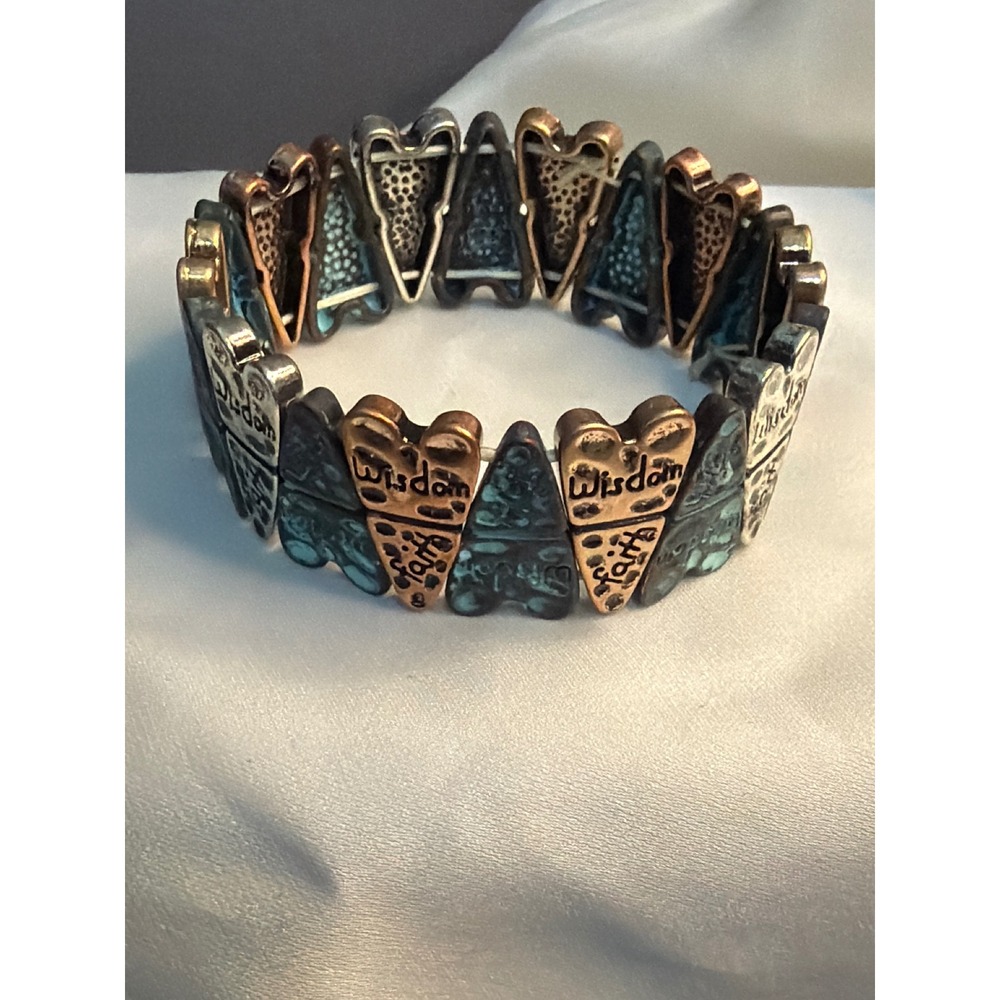 Mixed Metal Wisdom Faith Heart Stretch Bracelet Verdigris Patina Boho Cuff